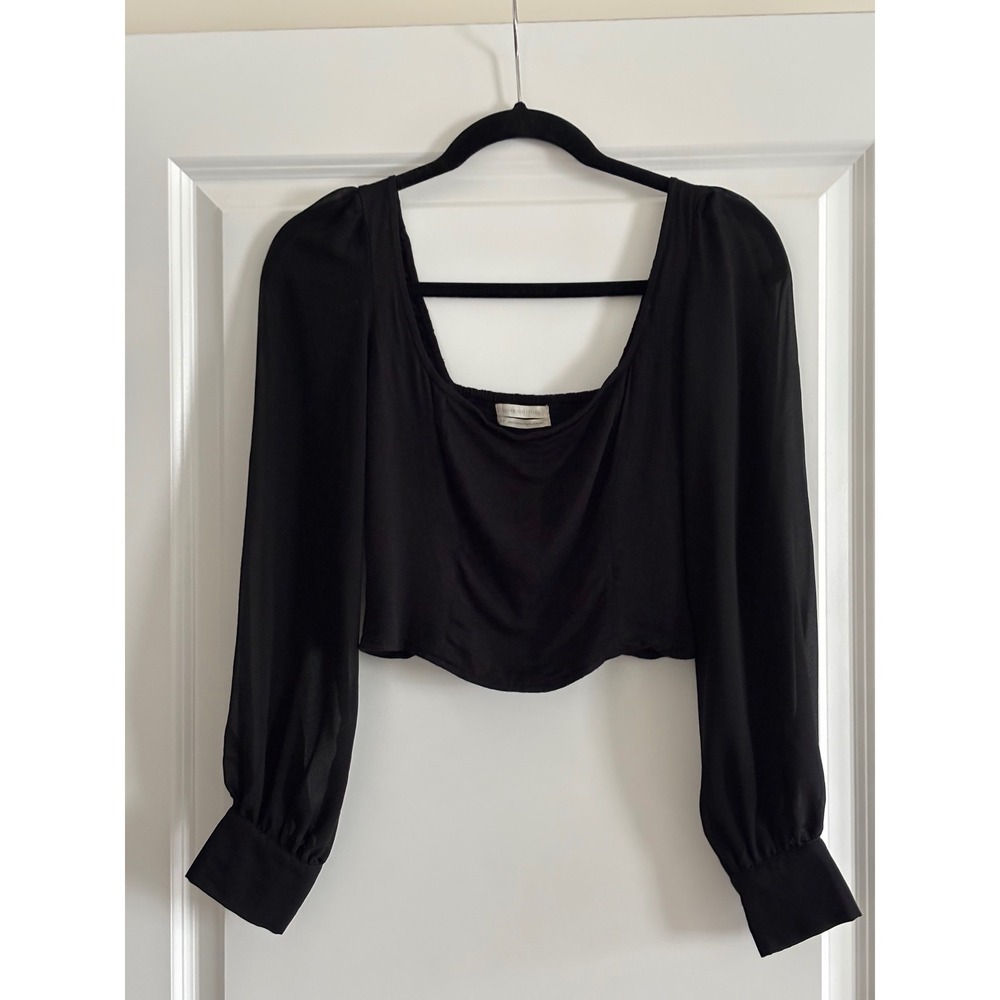 Urban Outfitters Black Square Neck‎ Smocked Long Sleeve Crop Top